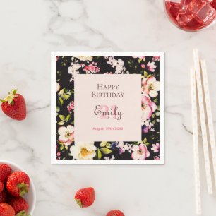 Guardanapo De Papel Cor da Água Rosa e Rosas Amarelas em Preto, Aniver