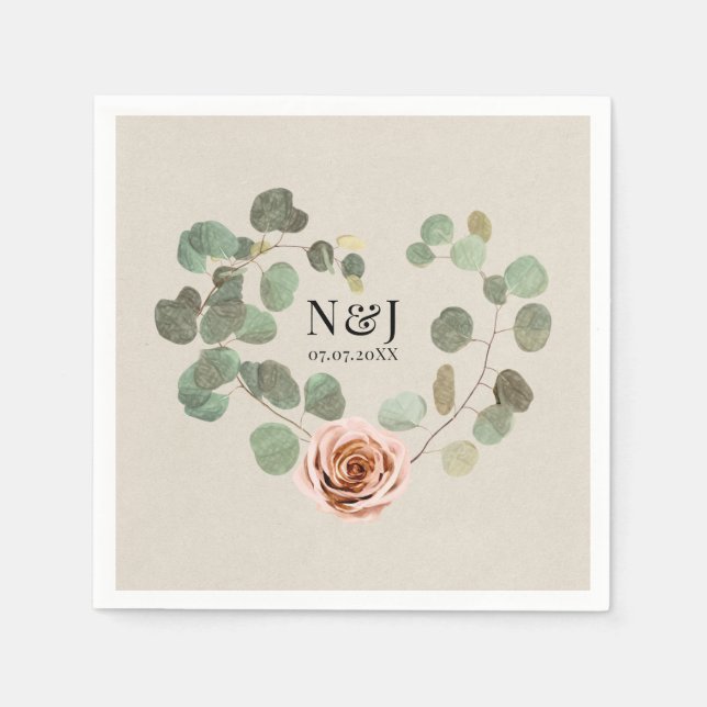 Guardanapo De Papel Cora de Rosa Rosa e Eucalipto Casamento Rústico (Frente)
