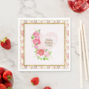Guardanapo De Papel Coração de Rosa Elegante Festa Feliz Dia das Mães
