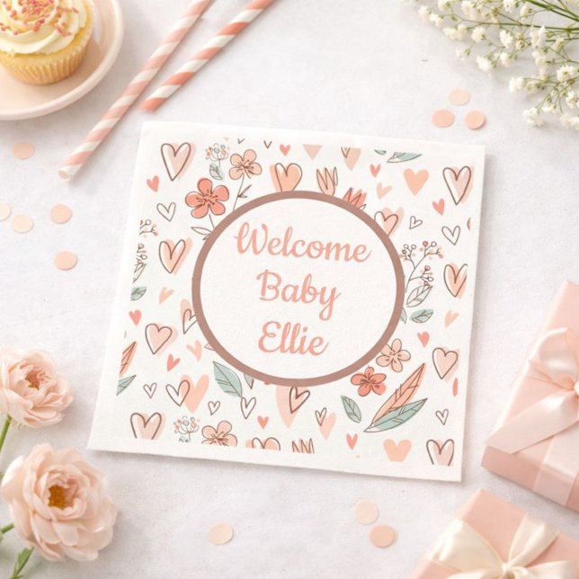 Guardanapo De Papel Coração Floral Nome Personalizado (Criador carregado)