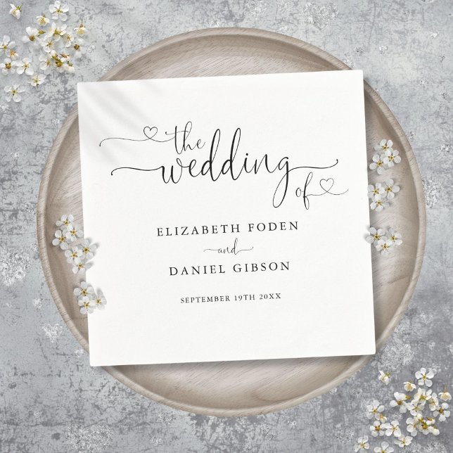 Guardanapo De Papel Coração Preto e Branco Script Casamento (Black And White Heart Script Wedding Napkins)