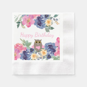 Guardanapo De Papel Coração Rosa Coruja Floral Watercolor Feliz Aniv