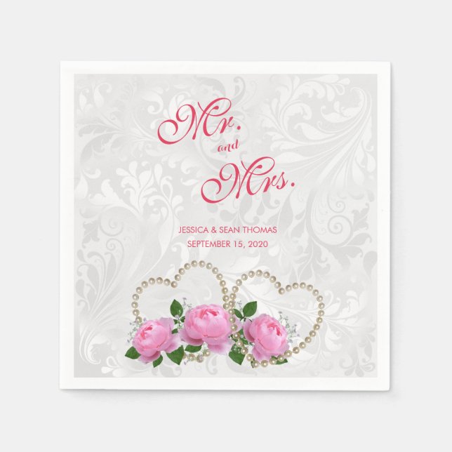 Guardanapo De Papel Corações de Pérola e Rosas Casamento Damask (Frente)