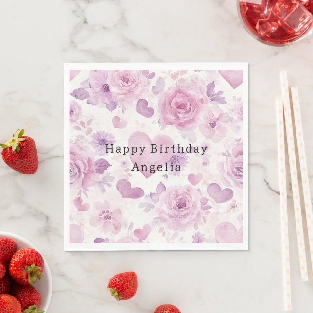Guardanapo De Papel Corações Flores Roxas Rosas Aniversário (Insitu)