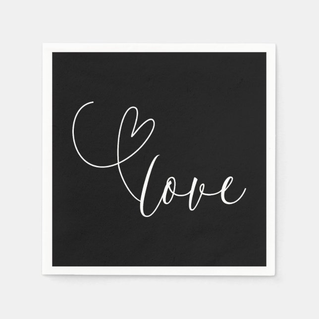 Guardanapo De Papel Corações Modernos Amor Preto e Branco Casamento Mi (Frente)