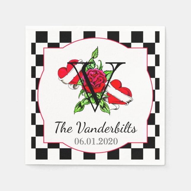 Guardanapo De Papel Corações Rockabilly e Napkin de Casamento Rosa (Frente)