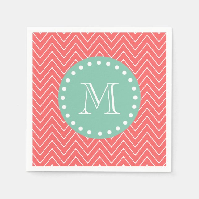 Guardanapo De Papel Coral Chevron Pattern | Monograma Verde Mint (Frente)