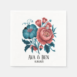 Guardanapo De Papel Coral e Teal Peonies Dourados Anéis de Casamento d