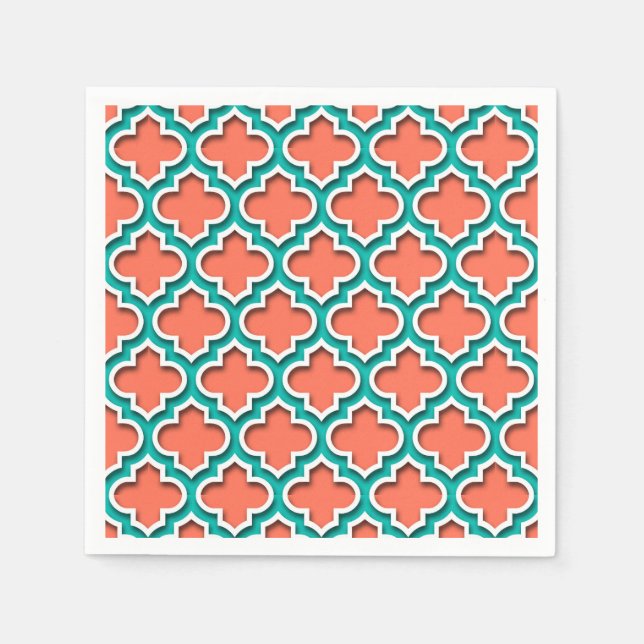 Guardanapo De Papel Coral Teal White Quatrefoil Marroquino #5DS (Frente)