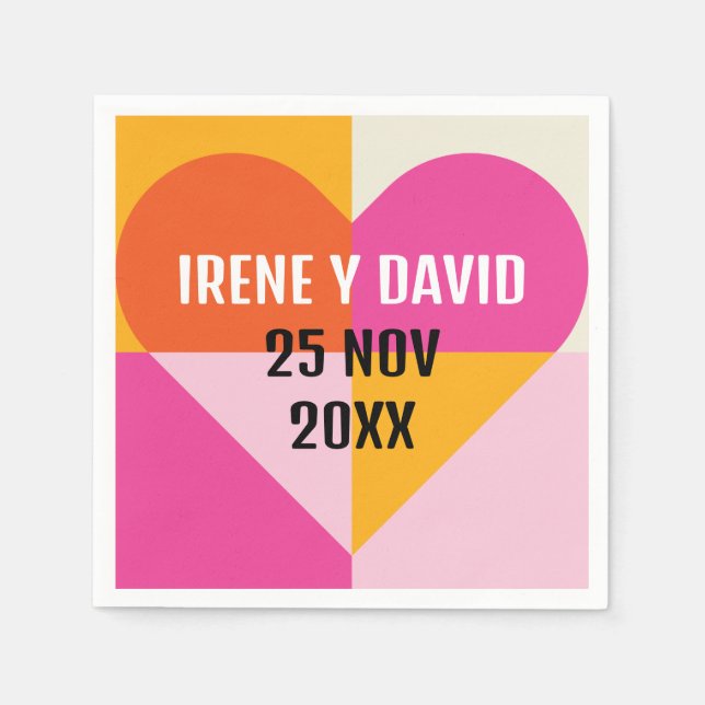 Guardanapo De Papel Corazón Geométrico Cuadrícula Naranja y Rosa (Frente)