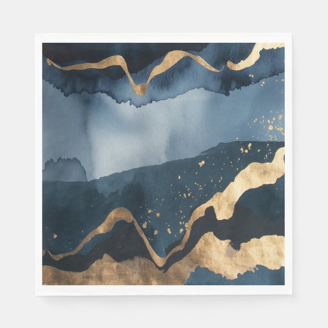 Guardanapo De Papel Cores de água azuis com feixes de ouro (Frente)