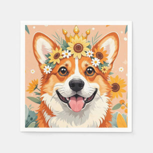 Guardanapo De Papel Coroa animada de cão-corgi de margarida e girassói