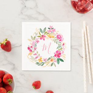 Guardanapo De Papel Coroa de água-tinta floral com monograma feminino 