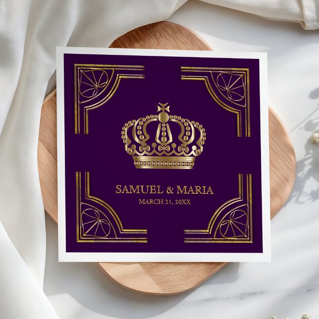 Guardanapo De Papel Coroa de Casamento Dourada Ornamentada Roxa Real (Criador carregado)