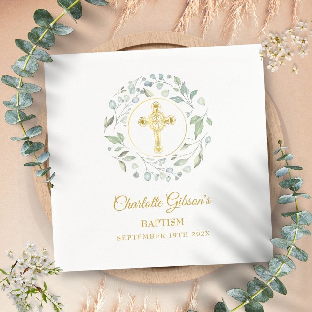 Guardanapo De Papel Coroa de Louro Cruz Dourada Batismo Batizado (Laurel Garland Gold Cross Baptism Christening Napkins)