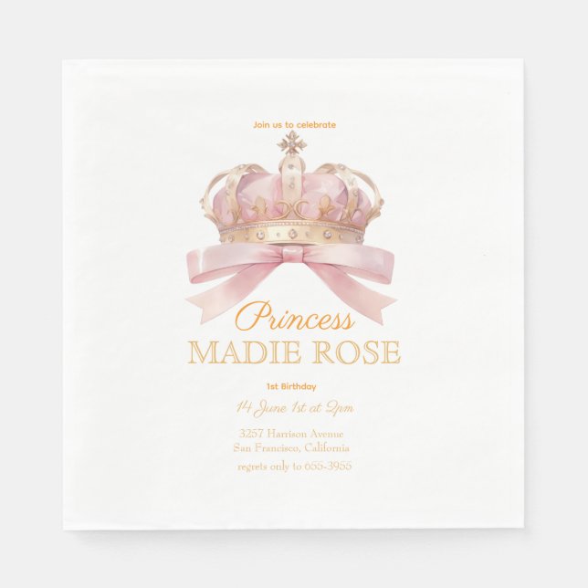 Guardanapo De Papel Coroa de Princesa Rosa Conto de Fadas Aniversário (Frente)