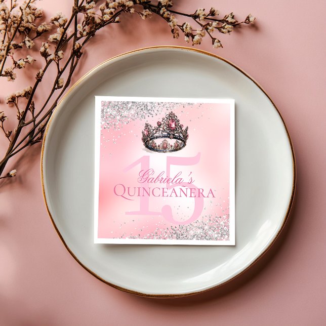 Guardanapo De Papel Coroa de Princesa Rosa Elegante Quinceanera (Elegant Pink Princess Crown Quinceanera Napkins)