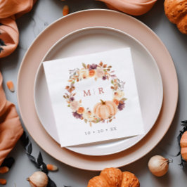 Guardanapo De Papel Coroa Floral de Abóbora e Roxo Monograma Casamento