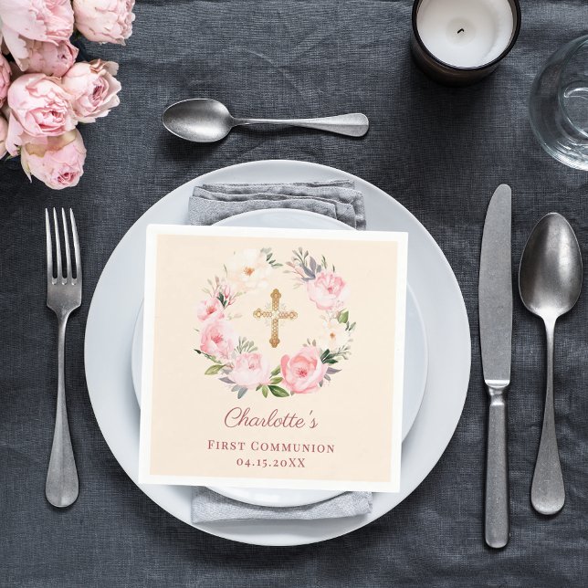 Guardanapo De Papel Coroa floral rosa marfim almoço Primeira Comunhão (Criador carregado)