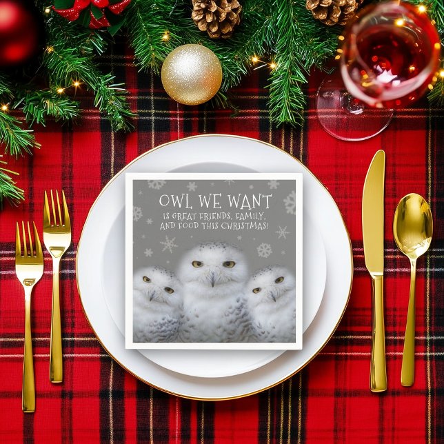 Guardanapo De Papel Coruja Engraçada Que Queremos para o Natal... Snow (Trio of Snowy Owls Napkin Cover Photo)
