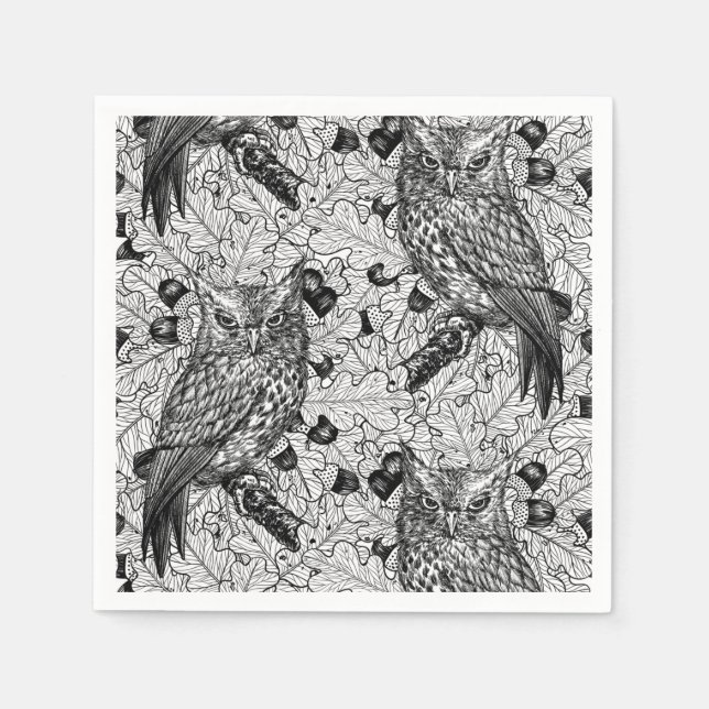 Guardanapo De Papel Corujas de carvalho, preto e branco (Frente)
