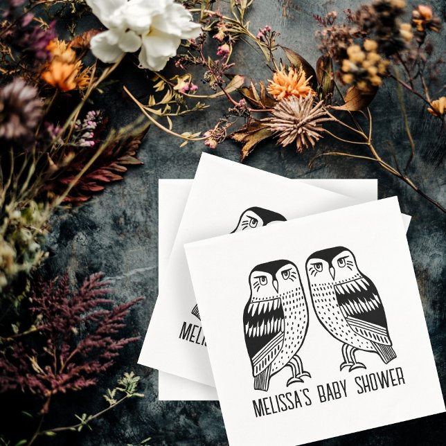 Guardanapo De Papel Corujas Gêmeas Cónicas Simples (Twin Owls Cute Simple Chic CUSTOM baby Shower Birthday CUSTOM NAME Party Napkins
)