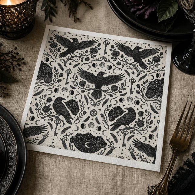 Guardanapo De Papel Corvo Barroco Onyx Temperamental (Gothic Raven Paper Napkin for Dark Academia Tablescapes)