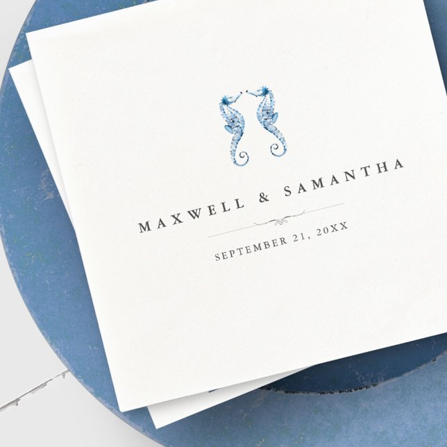 Guardanapo De Papel Costal Beach Seacavalos Personalizados (personalized napkins blue seahorses beach wedding unique art by Victoria Grigaliunas )