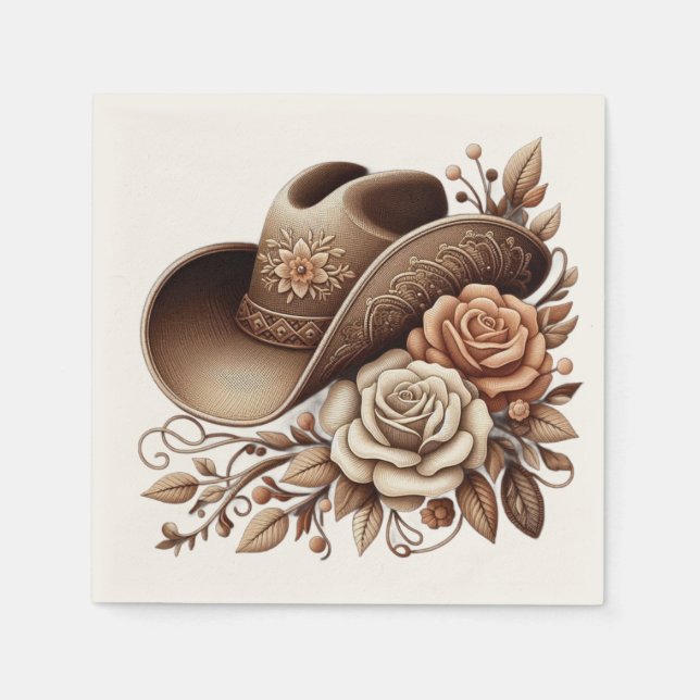 Guardanapo De Papel Country Western Cowgirl Hat com Flores (Frente)