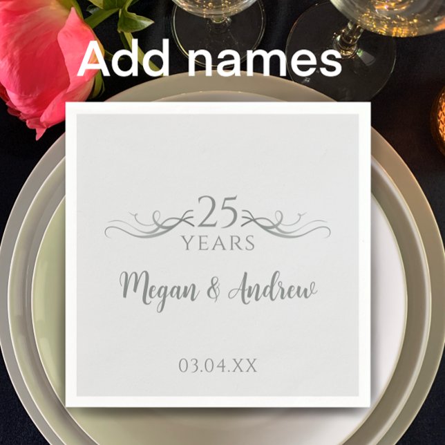 Guardanapo De Papel Couple's Names Modern 25th Wedding Anniversary (Customize this unique elegant silver 25th wedding anniversary party napkin w/ couple’s names & date
)