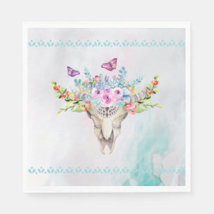 Guardanapo De Papel Crânio animal de Boho com borboletas e flores