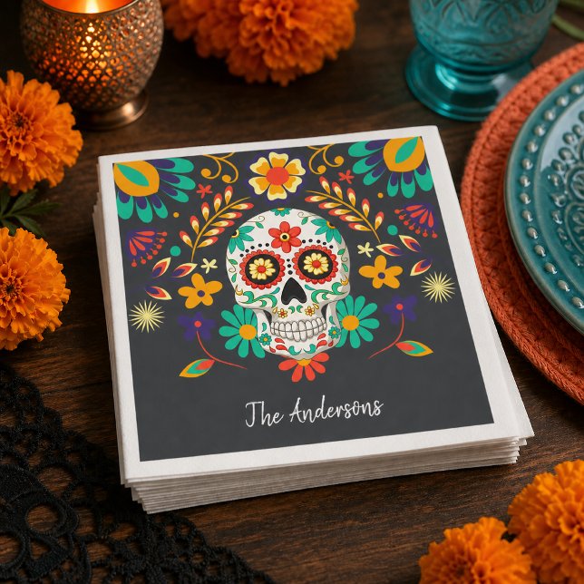 Guardanapo De Papel Cranio de Açúcar Floral do Dia dos Mortos (Bring a burst of joyful color to your celebration with this vibrant Day of the Dead design. )
