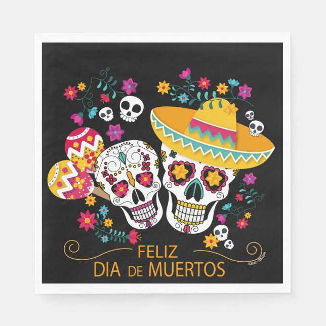 Guardanapo De Papel Crânios e flores de açúcar de festa (Frente)