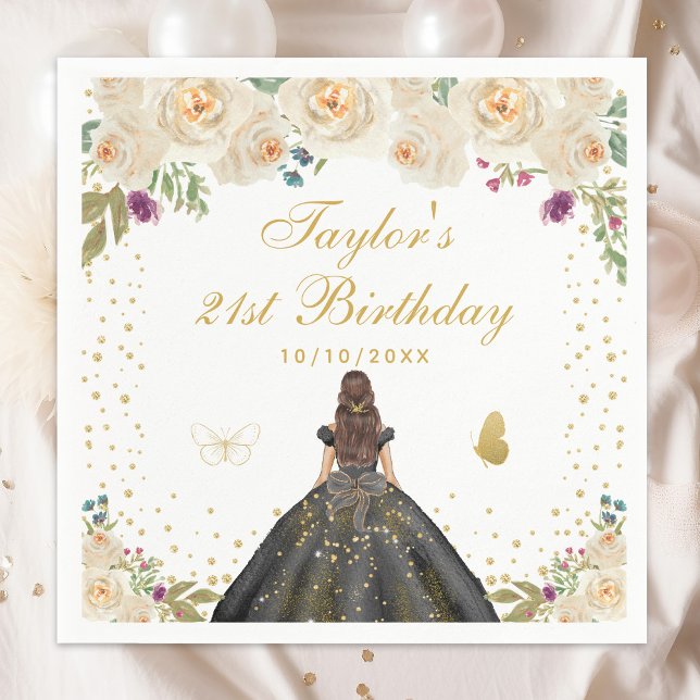 Guardanapo De Papel Cream Floral Brunette Hair Girl Festa de aniversár (Criador carregado)