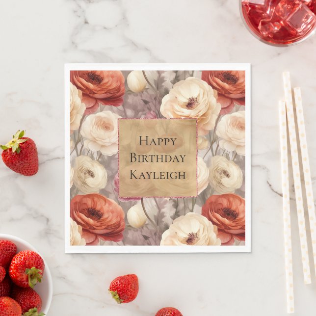 Guardanapo De Papel Cream Red Burgundy Floral Birthday (Insitu)