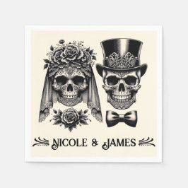 Guardanapo De Papel Creme Preto e Dourado Vintage Esqueleto Casamento