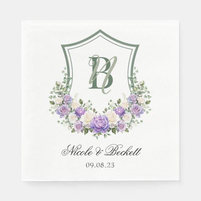 Guardanapo De Papel Crest Floral Branco Roxo Casamento (Frente)