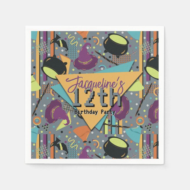Guardanapo De Papel Crianças Cinza Retro Witchy Halloween Aniversário (Frente)