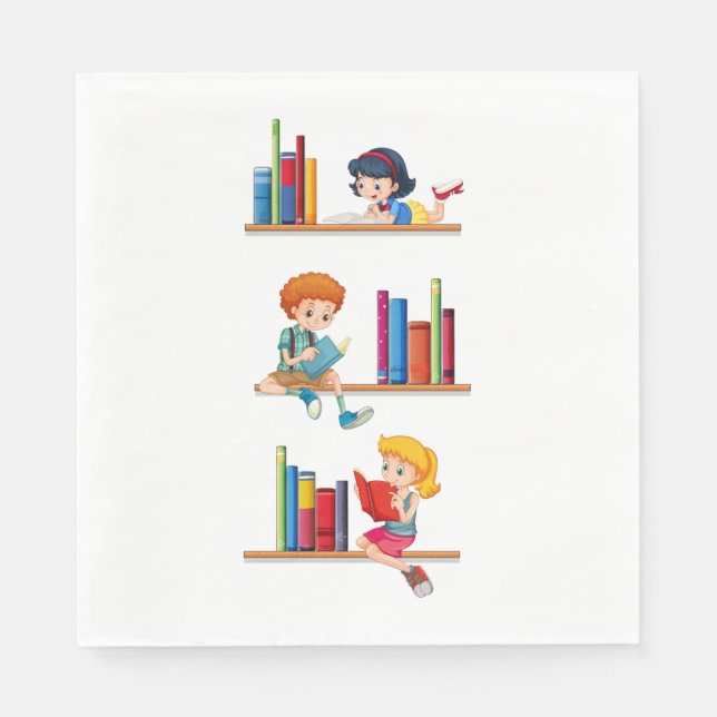 Guardanapo De Papel Crianças Lendo Livros na Prateleira (Frente)