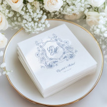 Crista Floral Azul Monograma Casamento Elegante