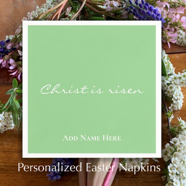 Guardanapo De Papel Cristo é Páscoa Cristã Verde Personalizada Risen (Add your custom text to personalize these green Easter Napkins. Christ is risen in elegant script.
)