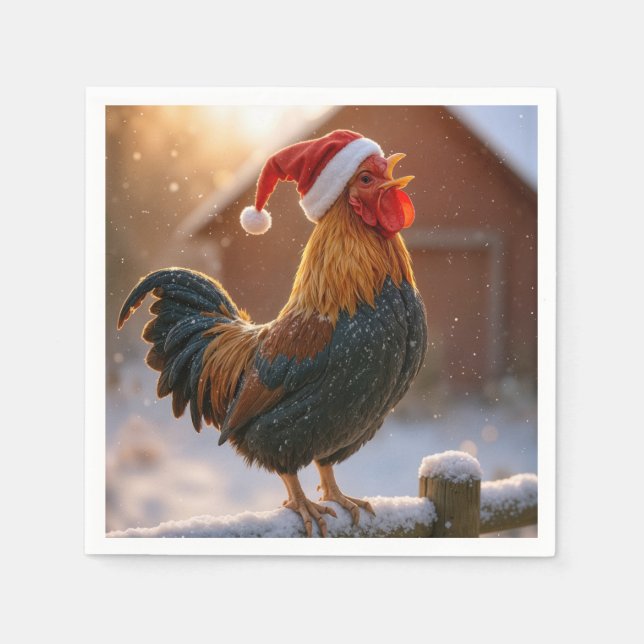 Guardanapo De Papel Crowing Christmas Rooster Wearing a Santa Hat (Frente)