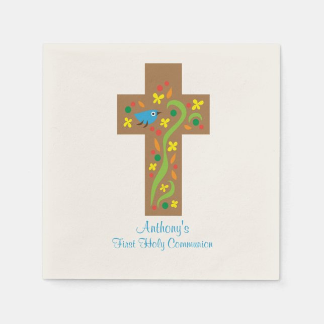 Guardanapo De Papel Cruz Decorativa Marrom com Comunhão de Pássaros Na (Frente)