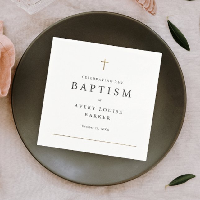 Guardanapo De Papel Cruz Dourada Religiosa Simples Mínima Batismo (Elegant simple baptism napkin with minimal gold cross and typography.)