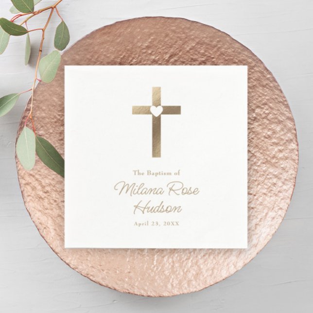 Guardanapo De Papel Cruz Dourada simples com batismo cardíaco (Simple Gold Cross with Heart Elegant Baptism Napkin.)