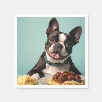 Guardanapo De Papel Curioso Terrier de Boston com espaghetti Bolognais