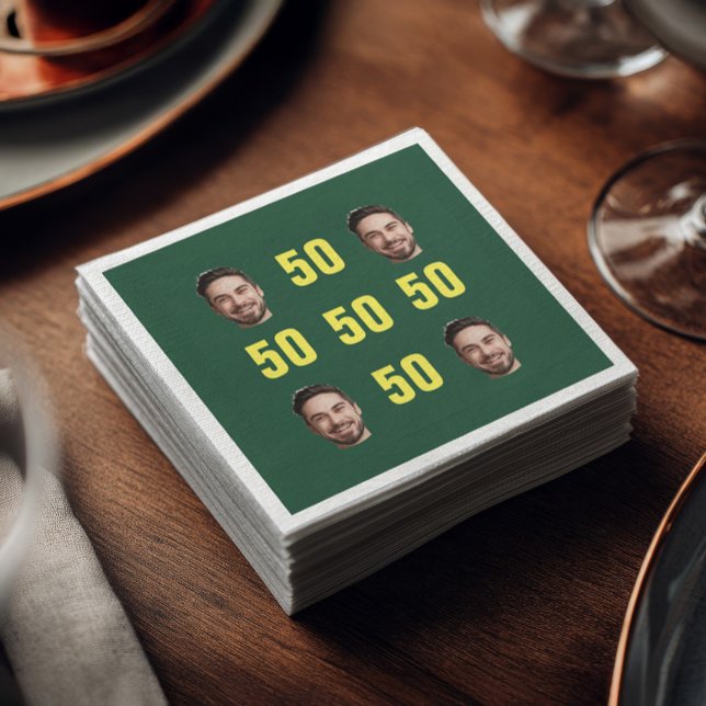 Guardanapo De Papel Custom Face Photo 50th Birthday Fun (Green cocktail napkin featuring four custom face photos arranged in a grid with bright yellow “50” )