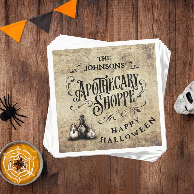 Guardanapo De Papel Custom Happy Halloween  (Happy Halloween Paper Napkin with Custom Family Name and Apothecary Shoppe design)