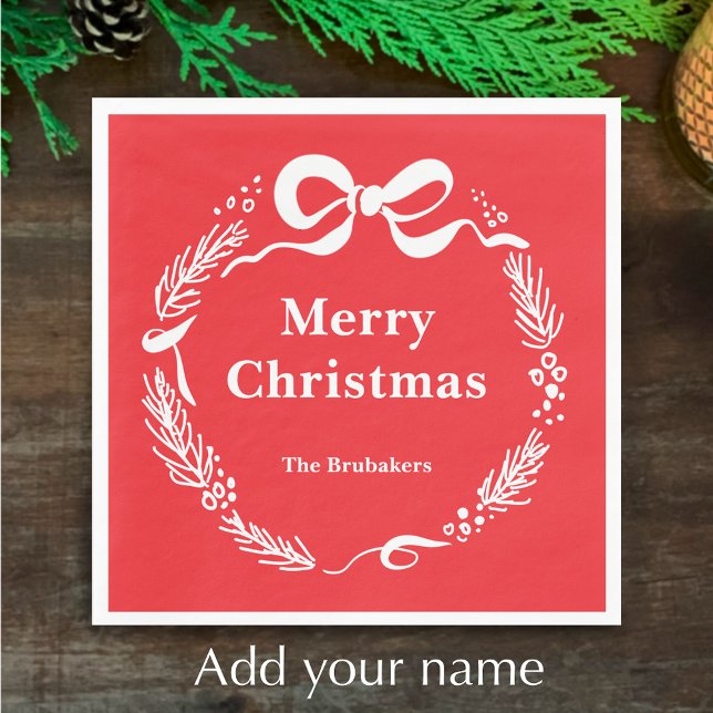 Guardanapo De Papel Custom Red Modern Hand Drawn Bow Merry Christmas (Personalize this festive red hand drawn pine and bow doodle Merry Christmas napkin. My original art.)