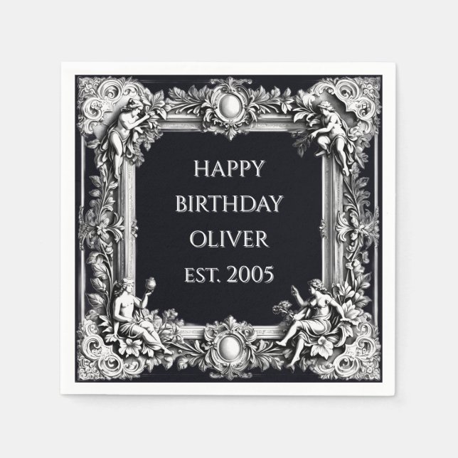 Guardanapo De Papel Custom Victorian Scroll Frame Napkin – black (Frente)